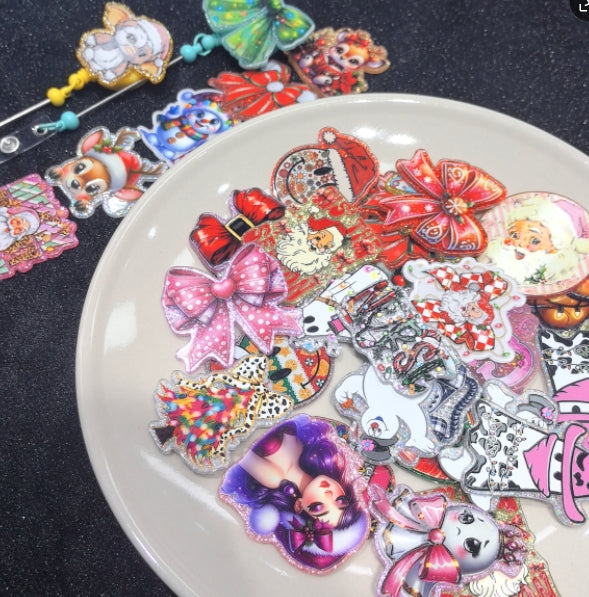 Wholesale Random 30pcs/pack  Christmas  Acrylic Flat Back Badge Scroll Keychain